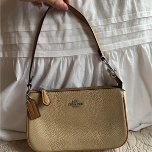 Coach Pebbled Leather Wristlet in Light Tan and Brown Trim